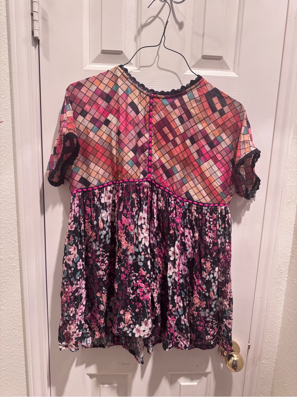 Girls' Multicolor Patchwork & Floral Short Sleeve Blouse - Pink Mix